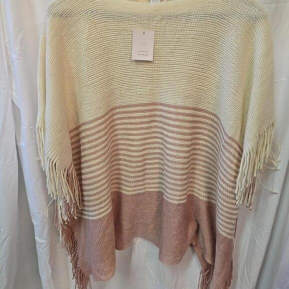 Lauren Conrad Knit Poncho Pullover Shawl Sweater‎ Ivory Rose Pink With Fringe OS - Picture 1 of 12
